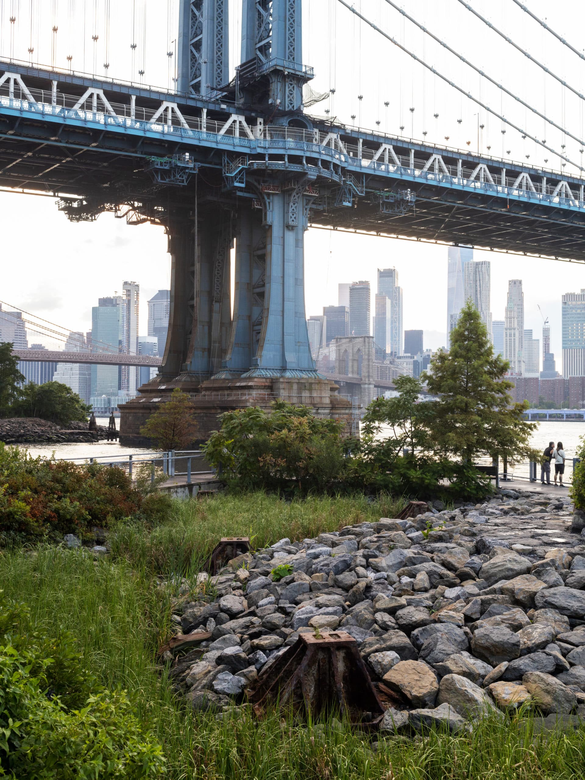 John Street Tidal Marsh with base of Manhattan Bridge in the back on a cloudy day.