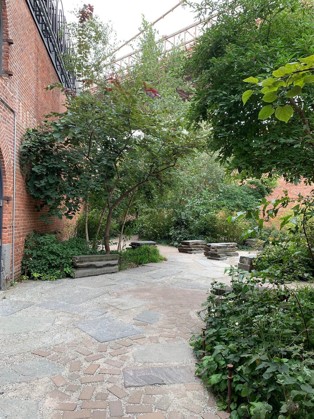 Pathway through garden with bushes and trees on a cloudy day.