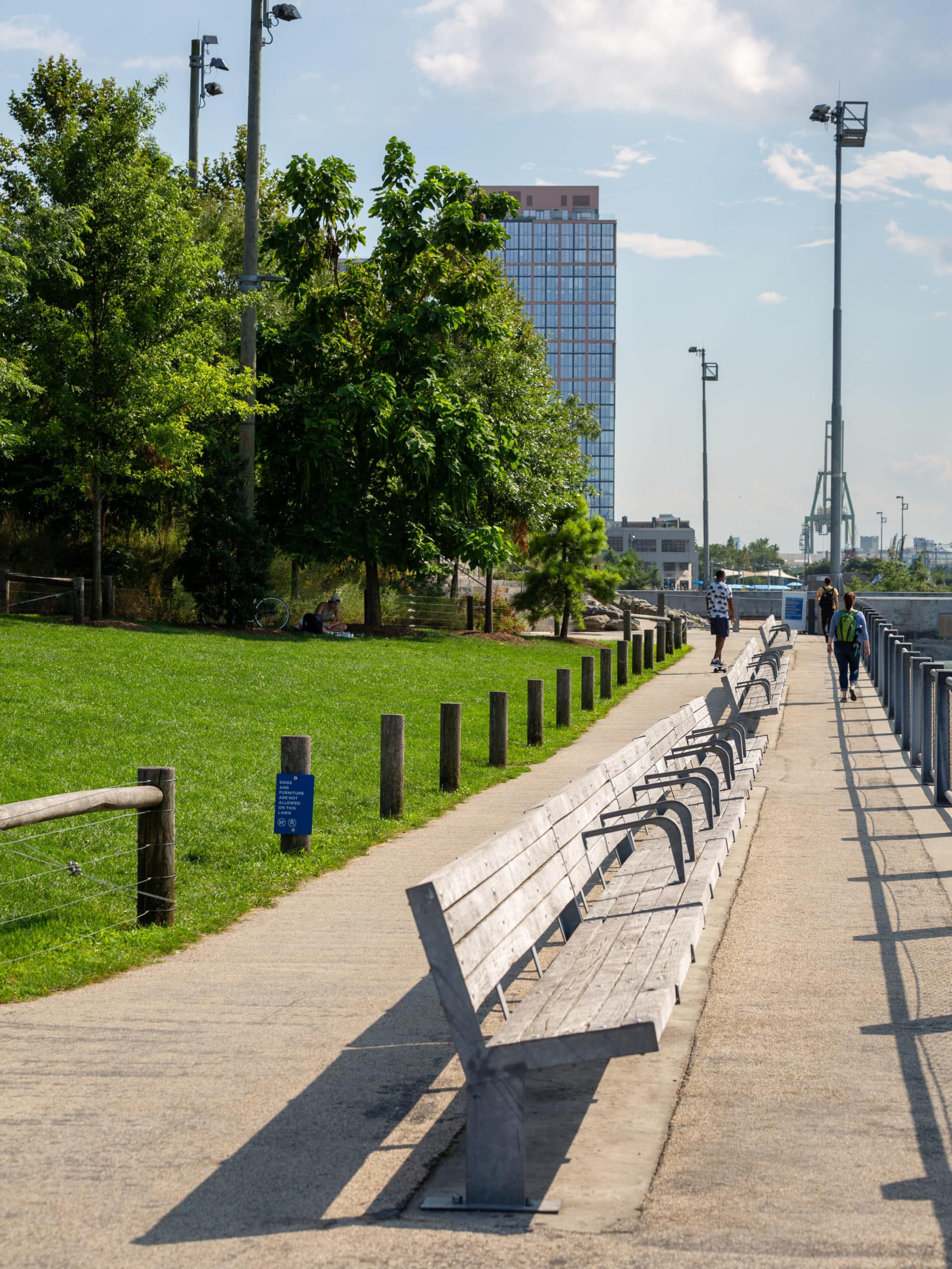 Benches on the pathway overlooking the water with a lawn behind on a sunny day.