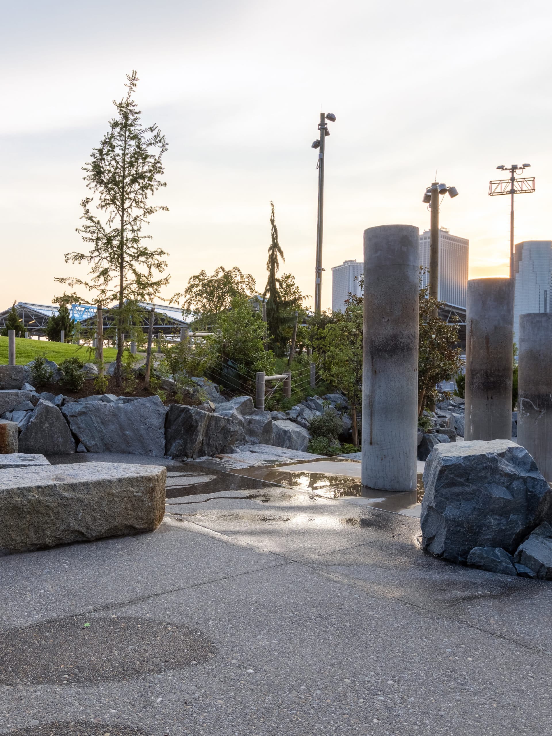 Water Area at Pier 2 Uplands with Pier 2 in the background at sunset.