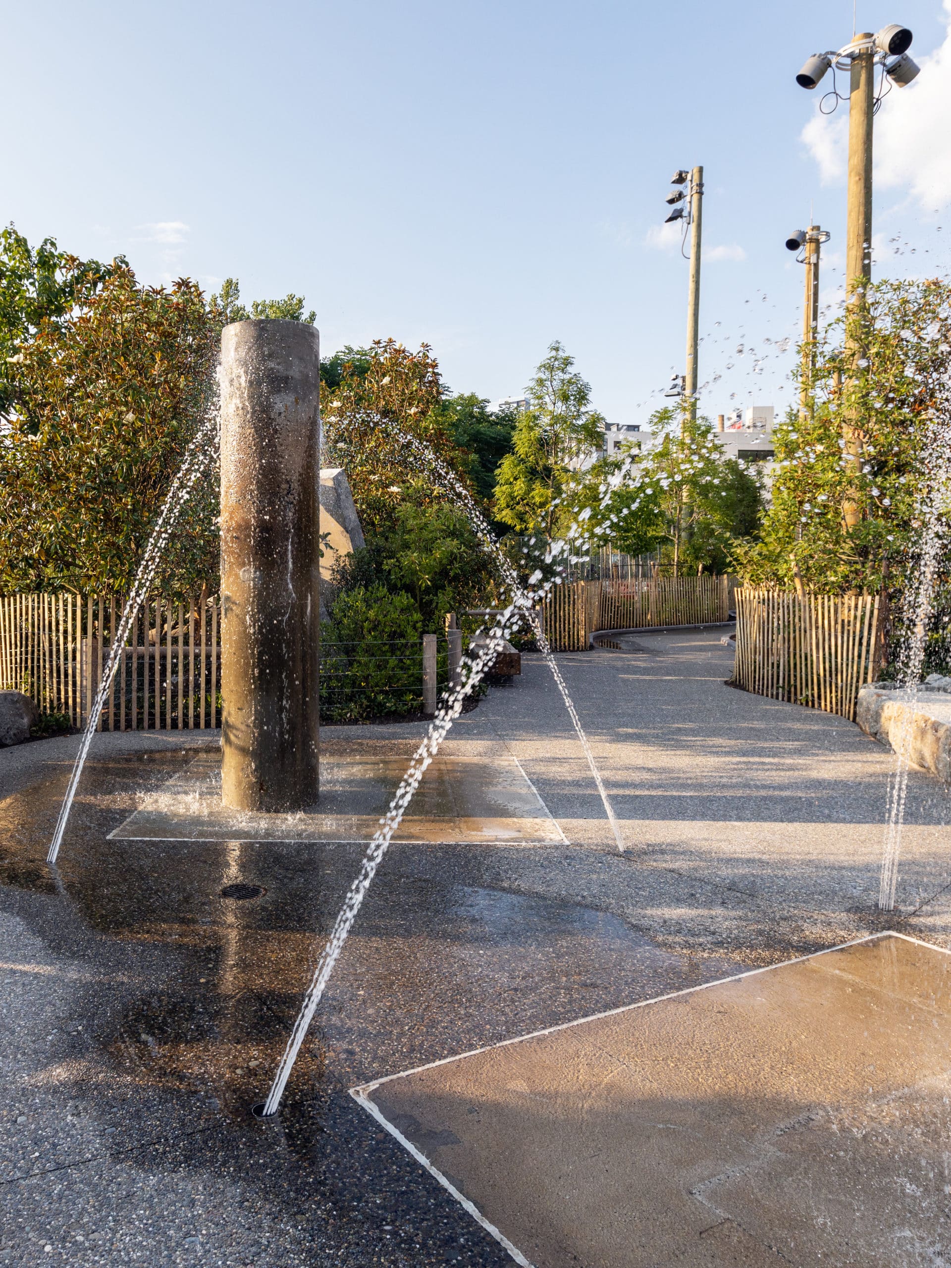 Water feature at the Water Play Area in Pier 2 Uplands at sunset