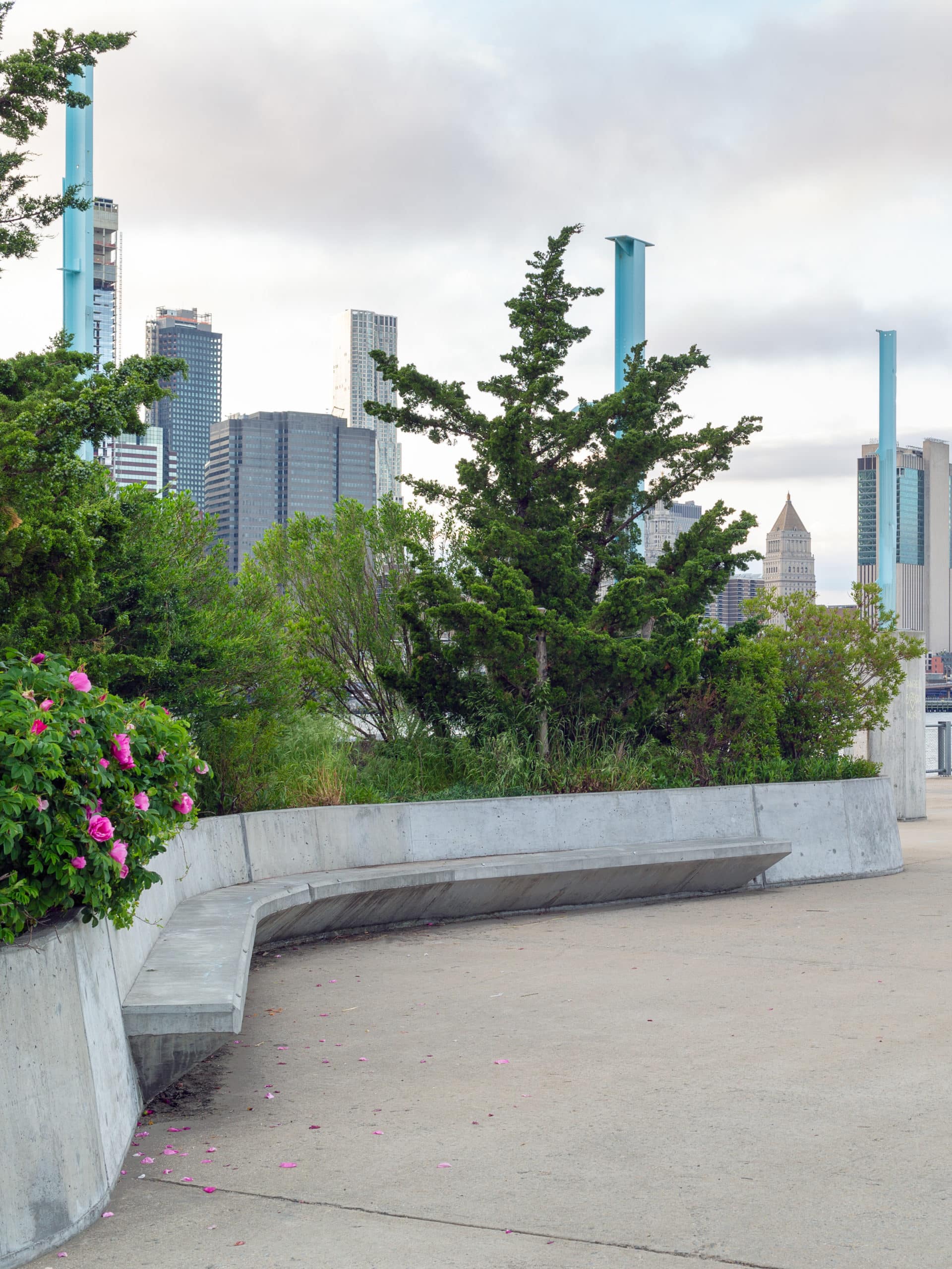 Concrete benches along garden area at Pier 3.