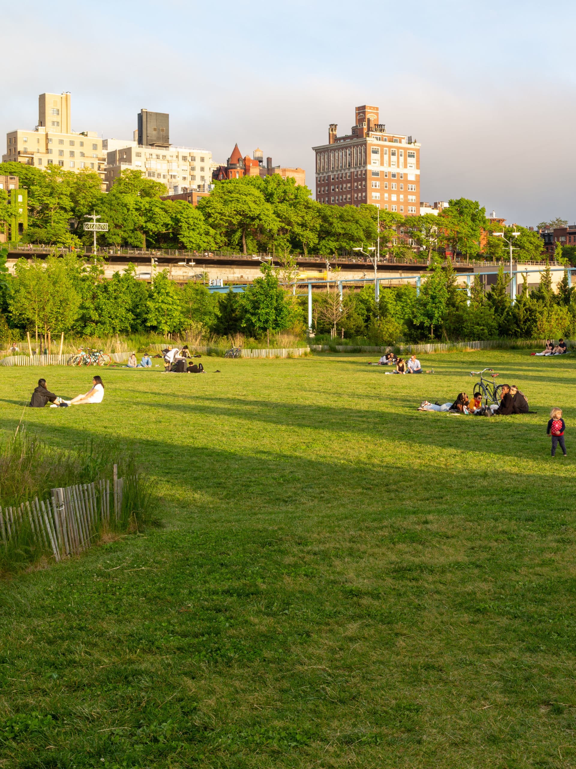 People sitting on Pier 3 Lawn at sunset with view of Brooklyn Heights.