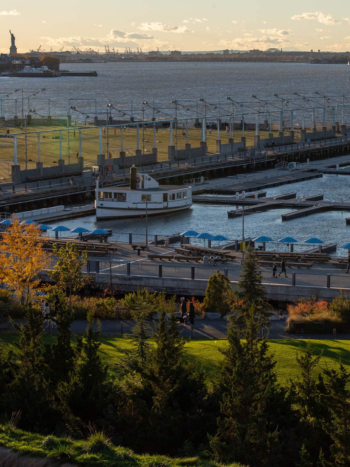 Aerial view of empty marina at sunset.