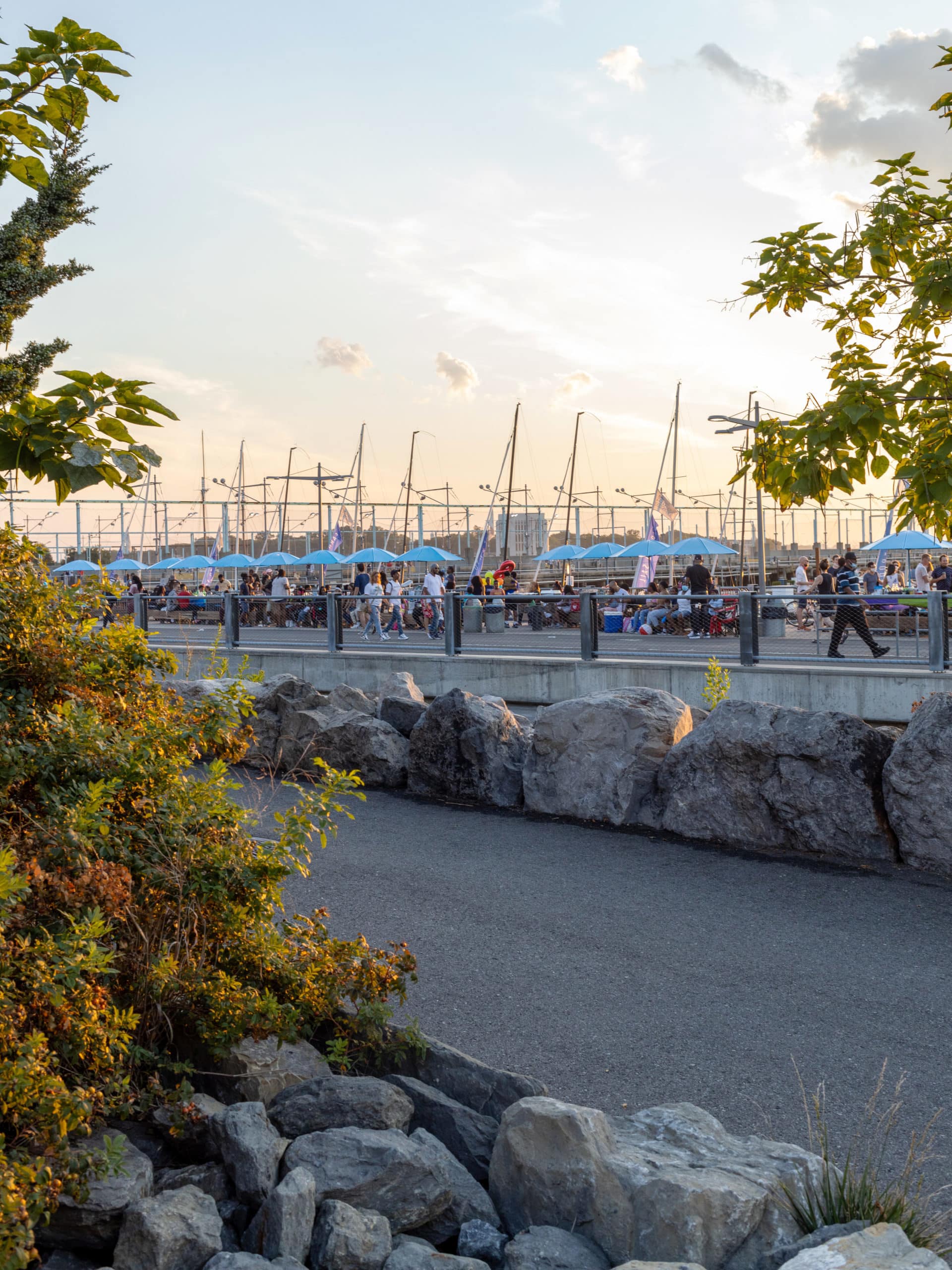 View from path of people eating at the Picnic Peninsula at Pier 5 at sunset.