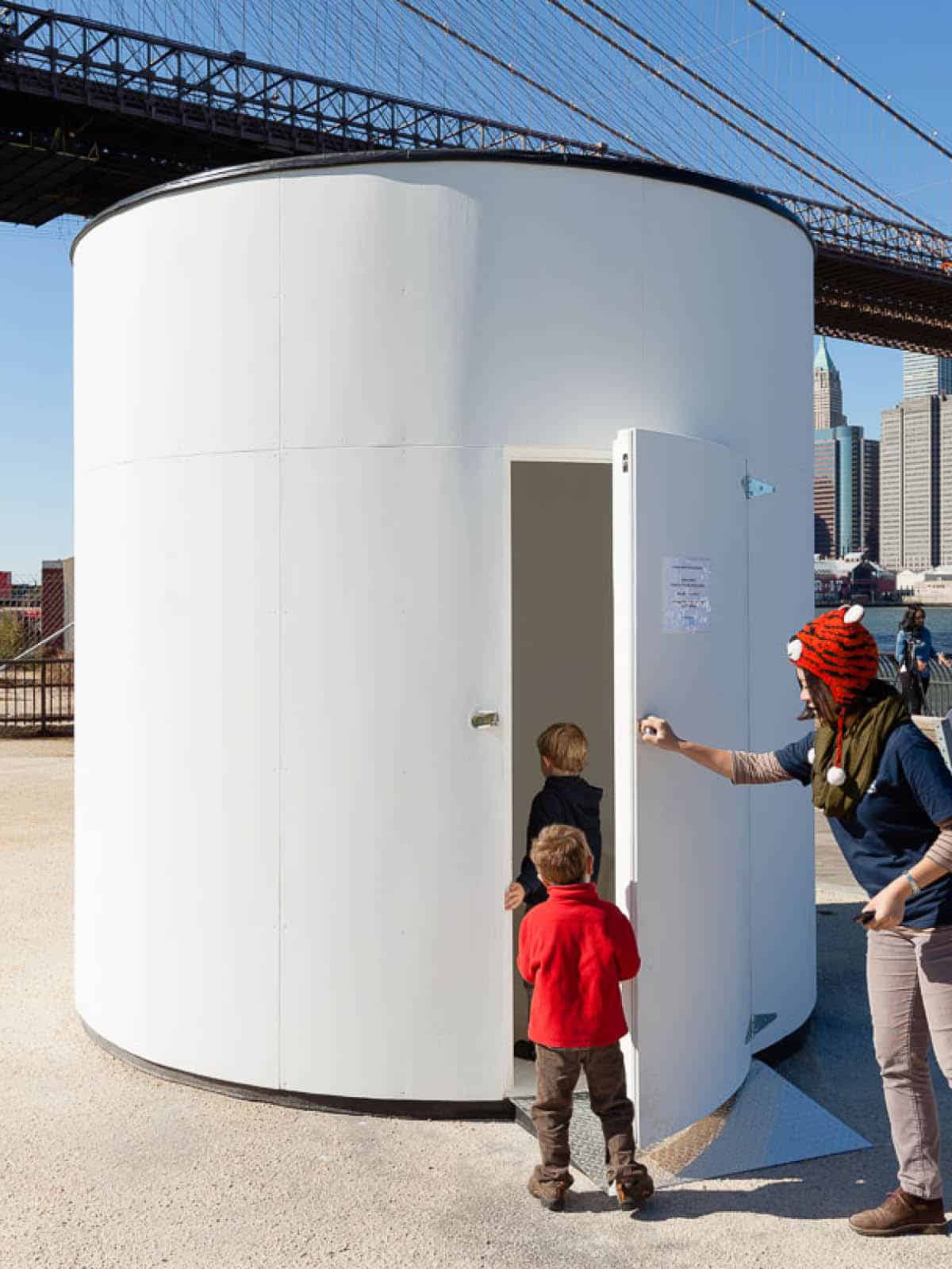 Topsy-Turvy camera obscura by Sandra Gibson and Luis Recorder at Empire Fulton Ferry on a sunny day.