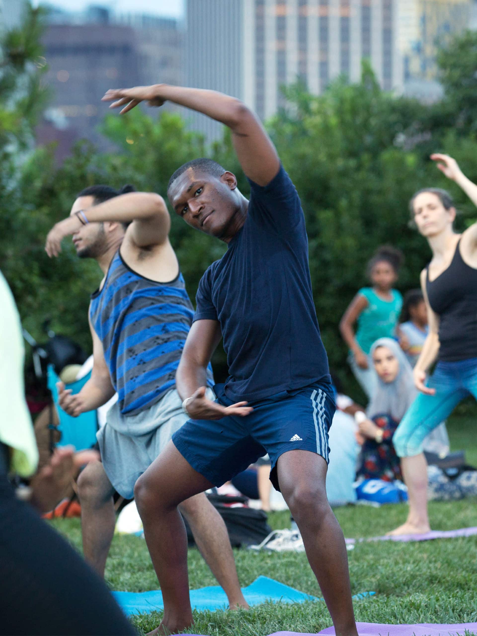 Man doing a side stretch.