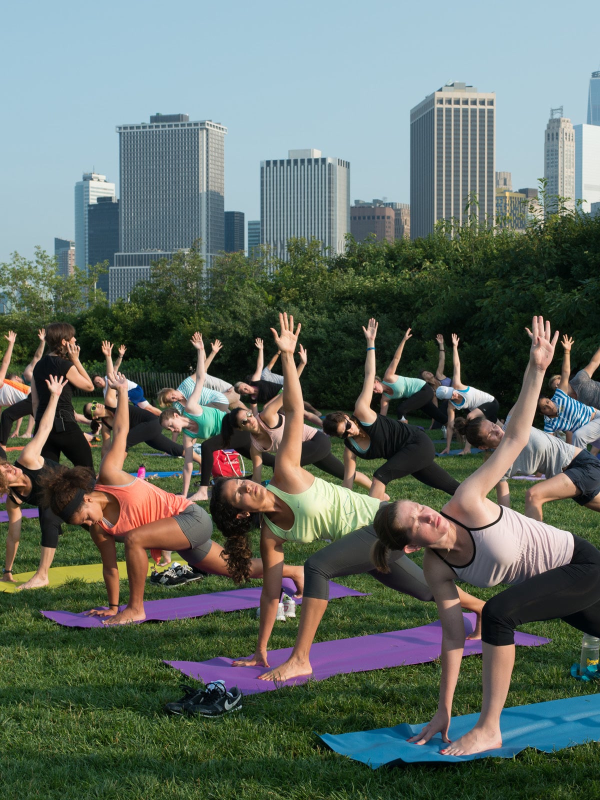 People on yoga mats lunging on a lawn at sunrise.