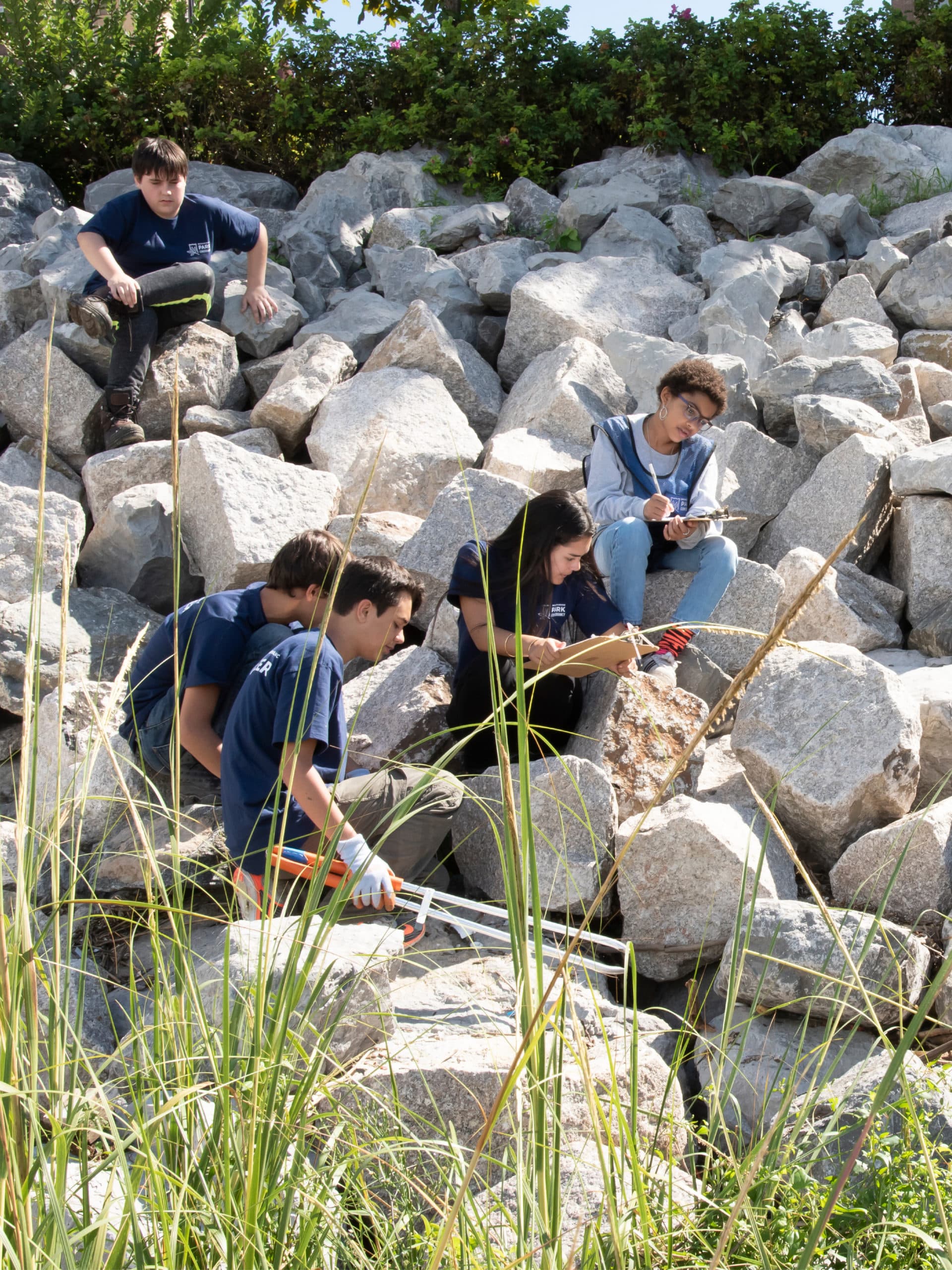 Teens sitting on rocks taking notes on a sunny day.